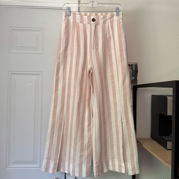 linen lux Pants - LINEN LUX pink white striped rayon linen elastic waist wide leg pants